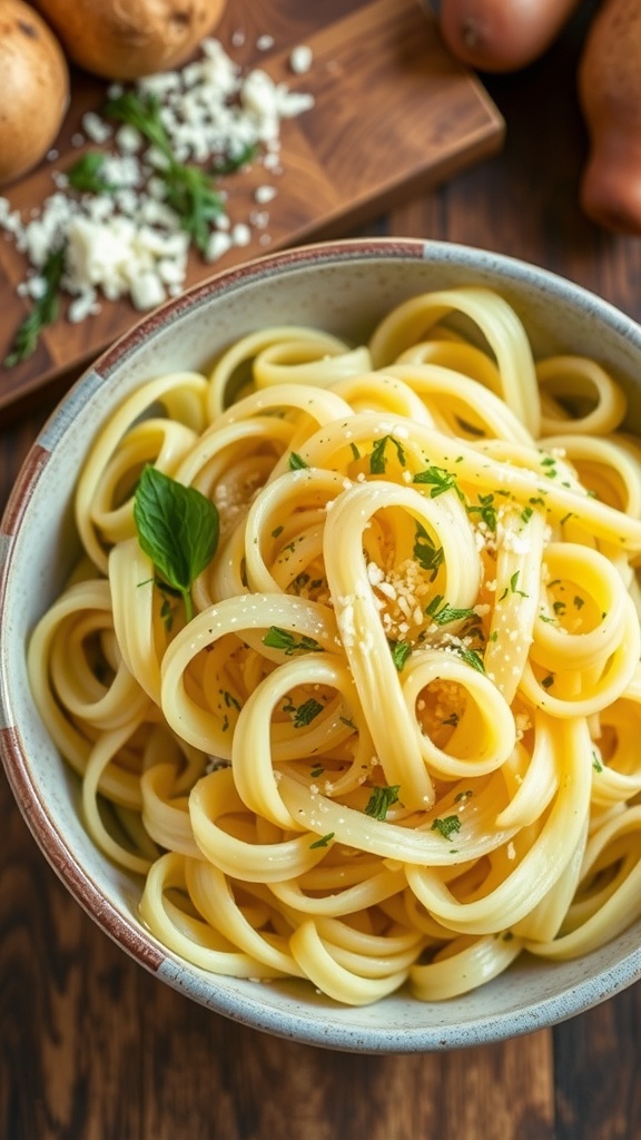 Homemade potato noodles served in a rustic bowl with olive oil and herbs, with potatoes and flour in the background.